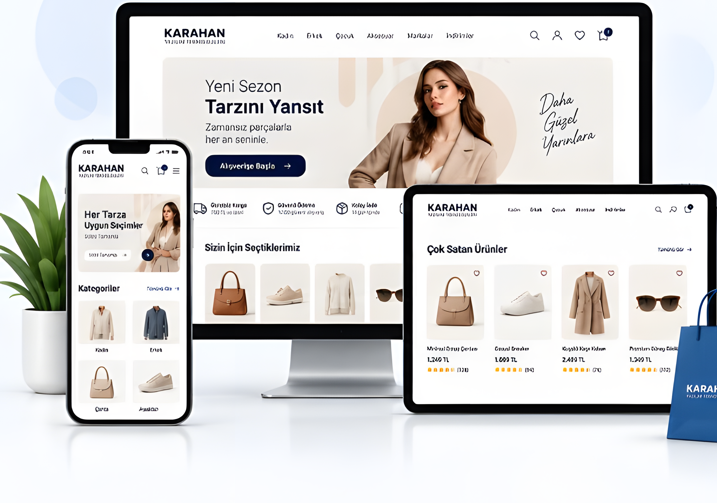 Masaüstü, tablet ve telefonda Karahan e-ticaret vitrini